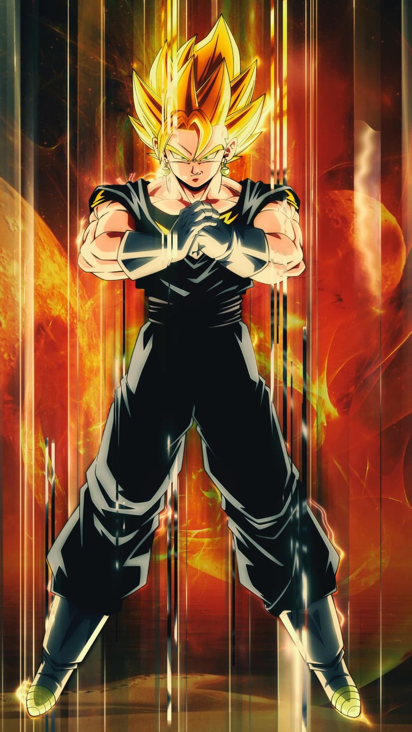 Vegito stands with hands clasped as golden and red energy surges around him against a dark cosmic background.