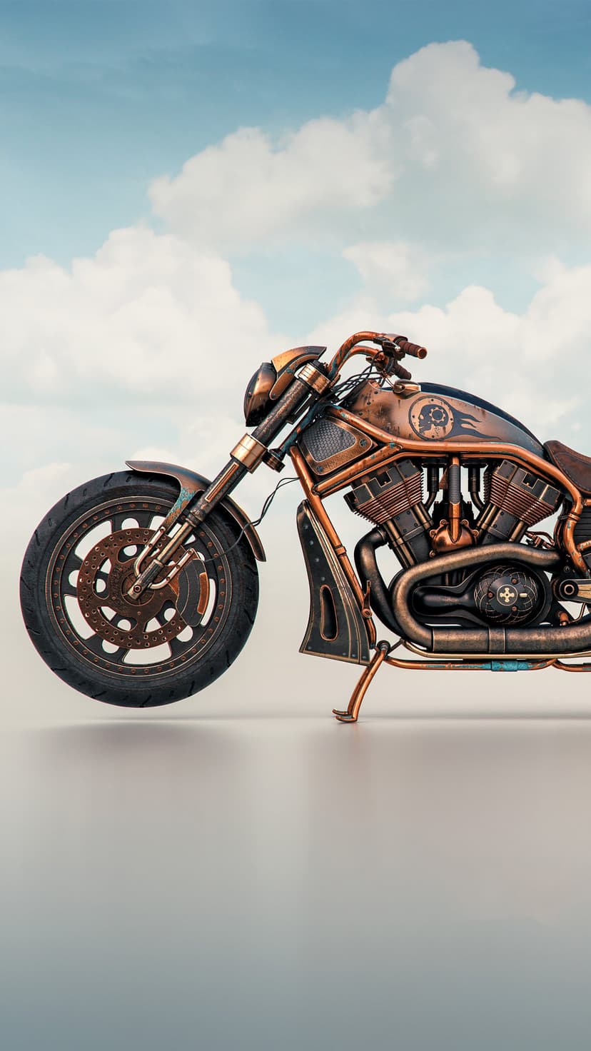 Steampunk motorcycle with copper pipes and a V-twin engine set against a bright sky with white fluffy clouds.