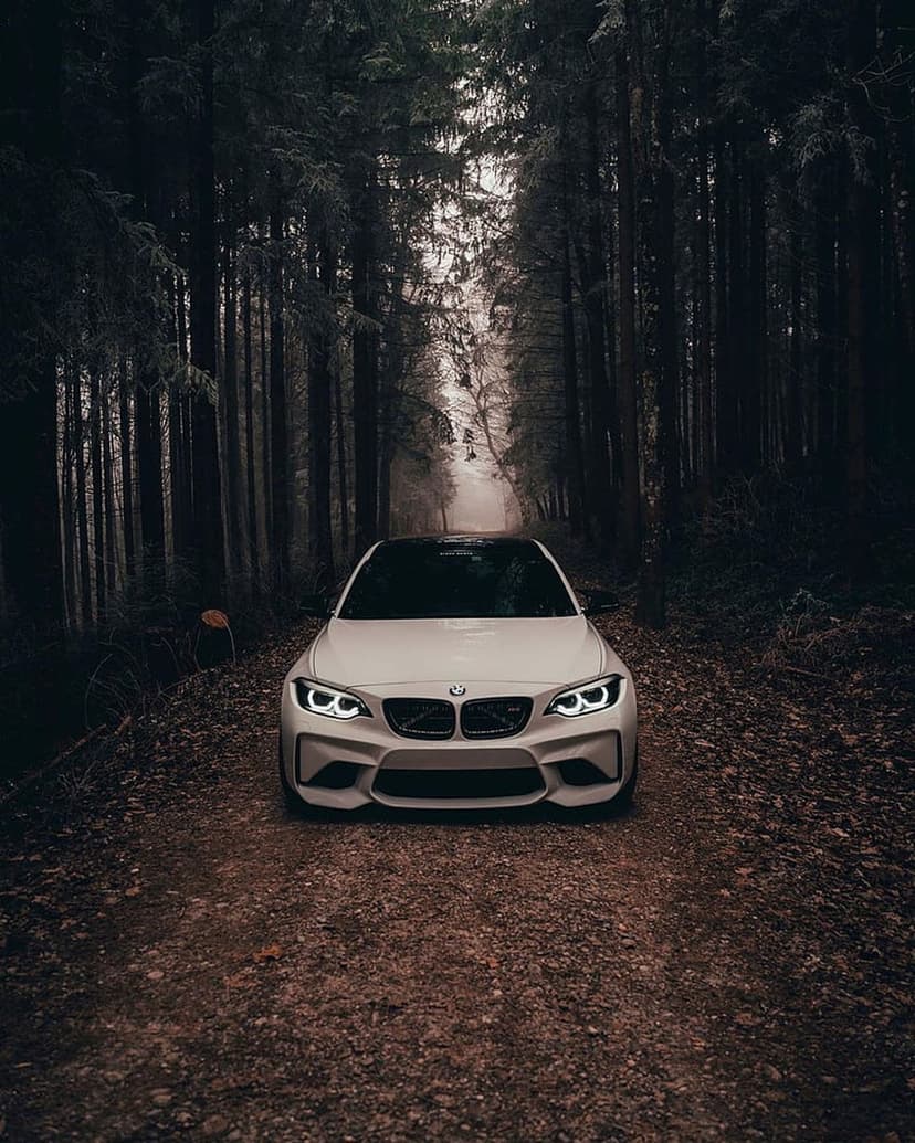 White BMW M2 drives on a dirt road through a dark forest with headlights illuminating the dense evening trees.