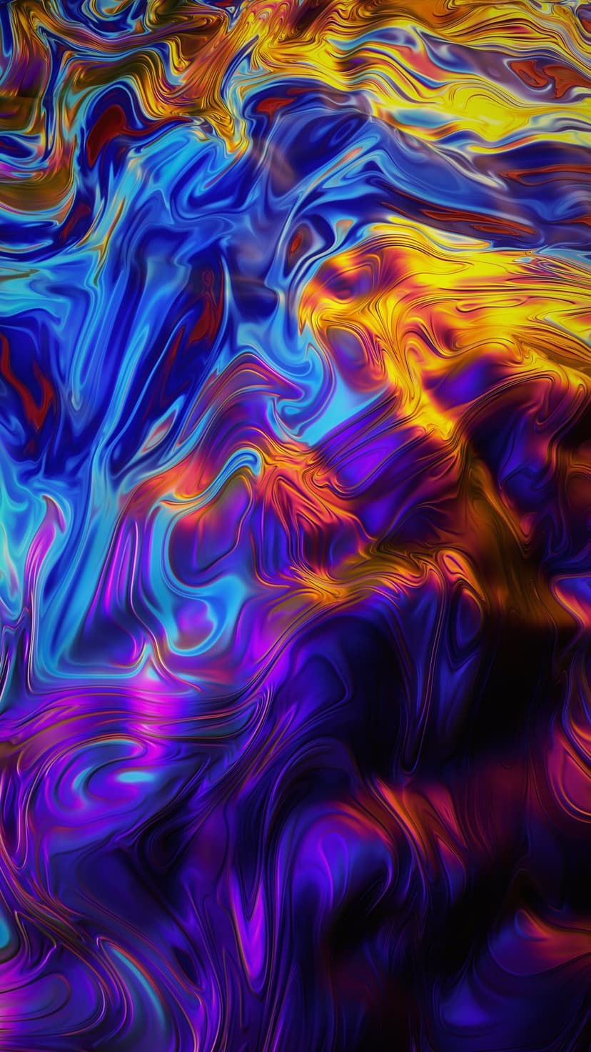 Iridescent liquid swirls in electric blue, neon yellow, and violet merge in a fluid, marbled pattern.