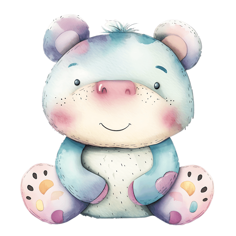 Blue watercolor bear sitting with multi-colored paw pads, pink cheeks, and black speckles on its pastel fur.