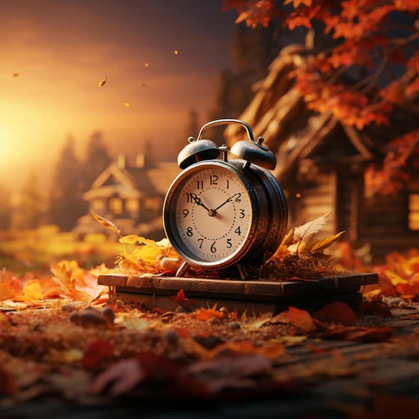Vintage twin-bell alarm clock on a wooden surface with autumn leaves and a glowing rustic cabin at sunset.