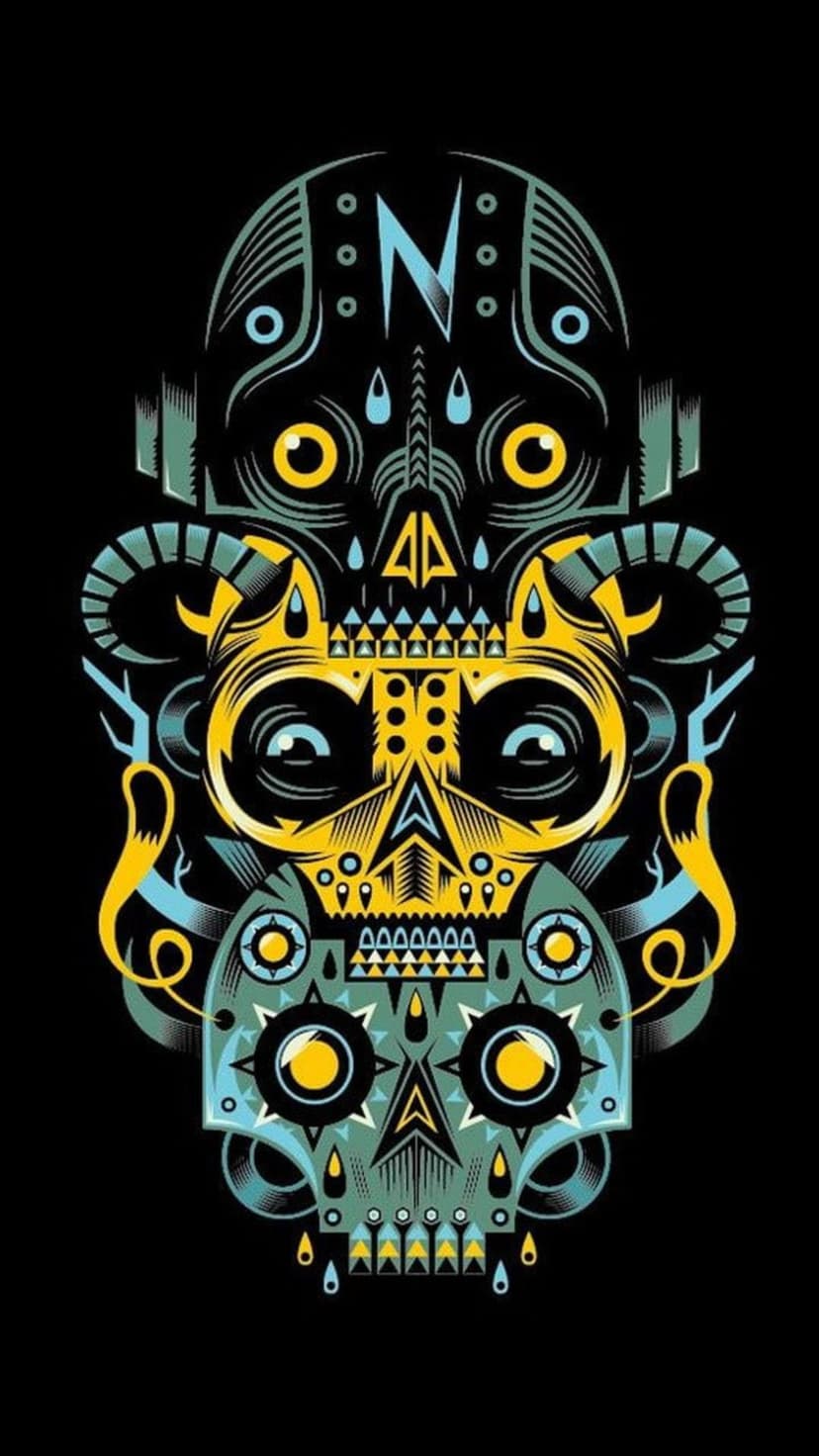 Horned skull composed of teal and yellow geometric lines and layered shapes against a dark black background.