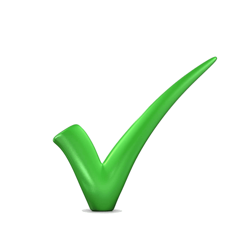 Green tick mark with 3D glossy texture and soft shadow isolated on a transparent background for clear visibility.