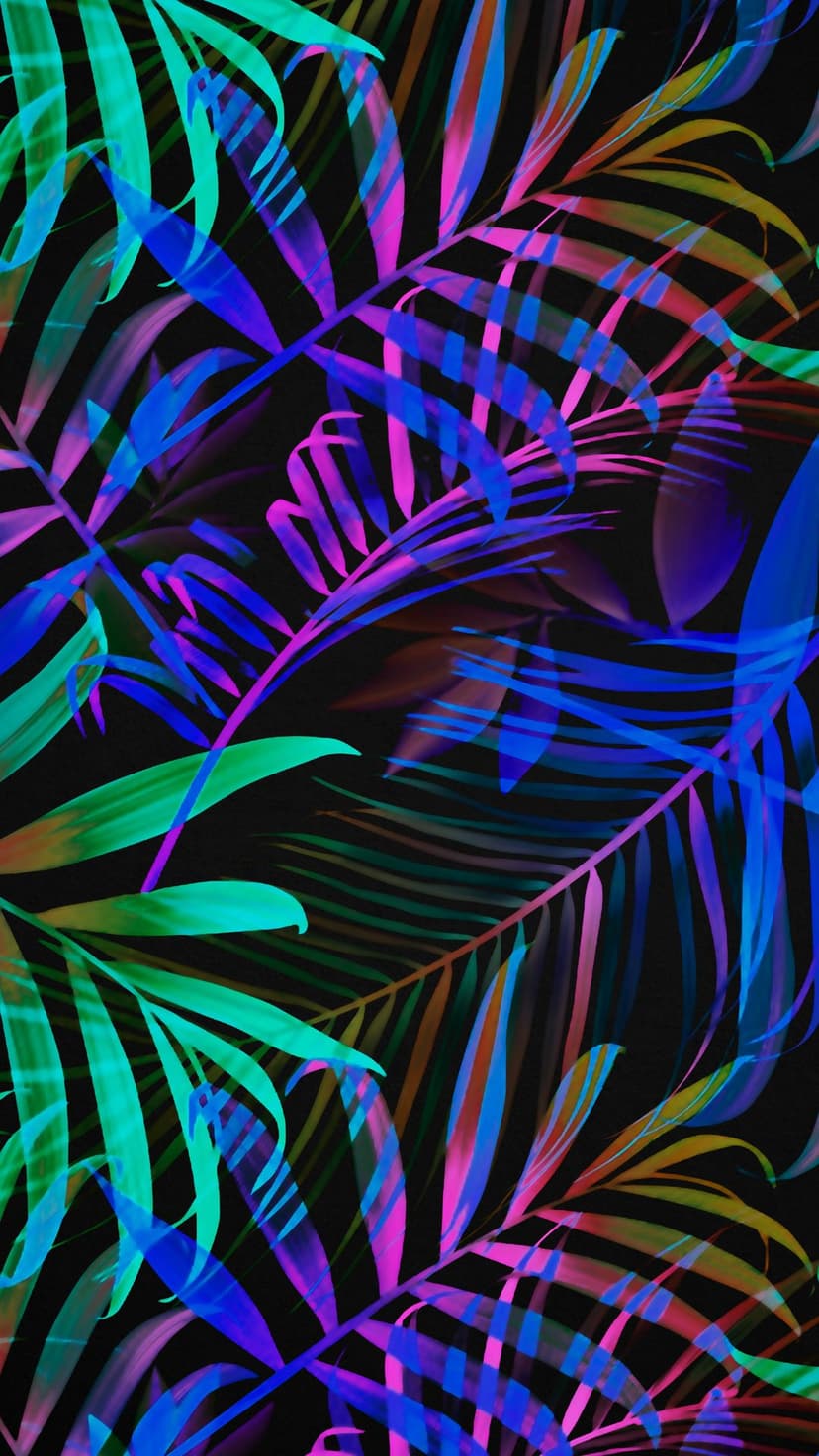 Neon palm leaves with glowing blue and pink edges overlap against a pitch black background in a vertical view.