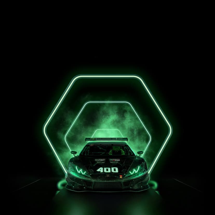 Black sports car with neon green accents and number 400 on the hood inside a glowing hexagonal geometric tunnel.