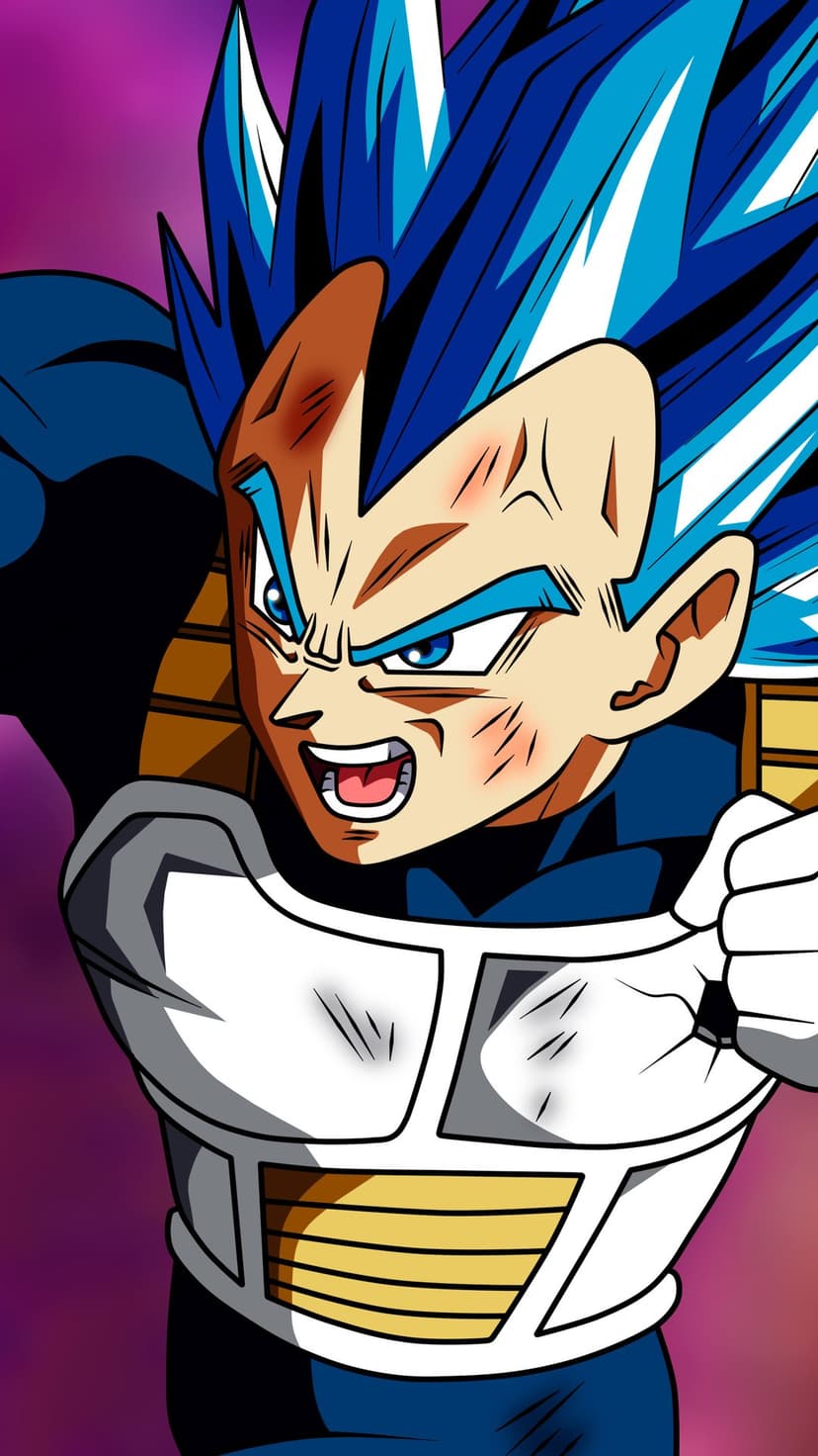 Vegeta in Super Saiyan Blue form displays intense blue eyes and battle scars against a glowing azure energy aura.