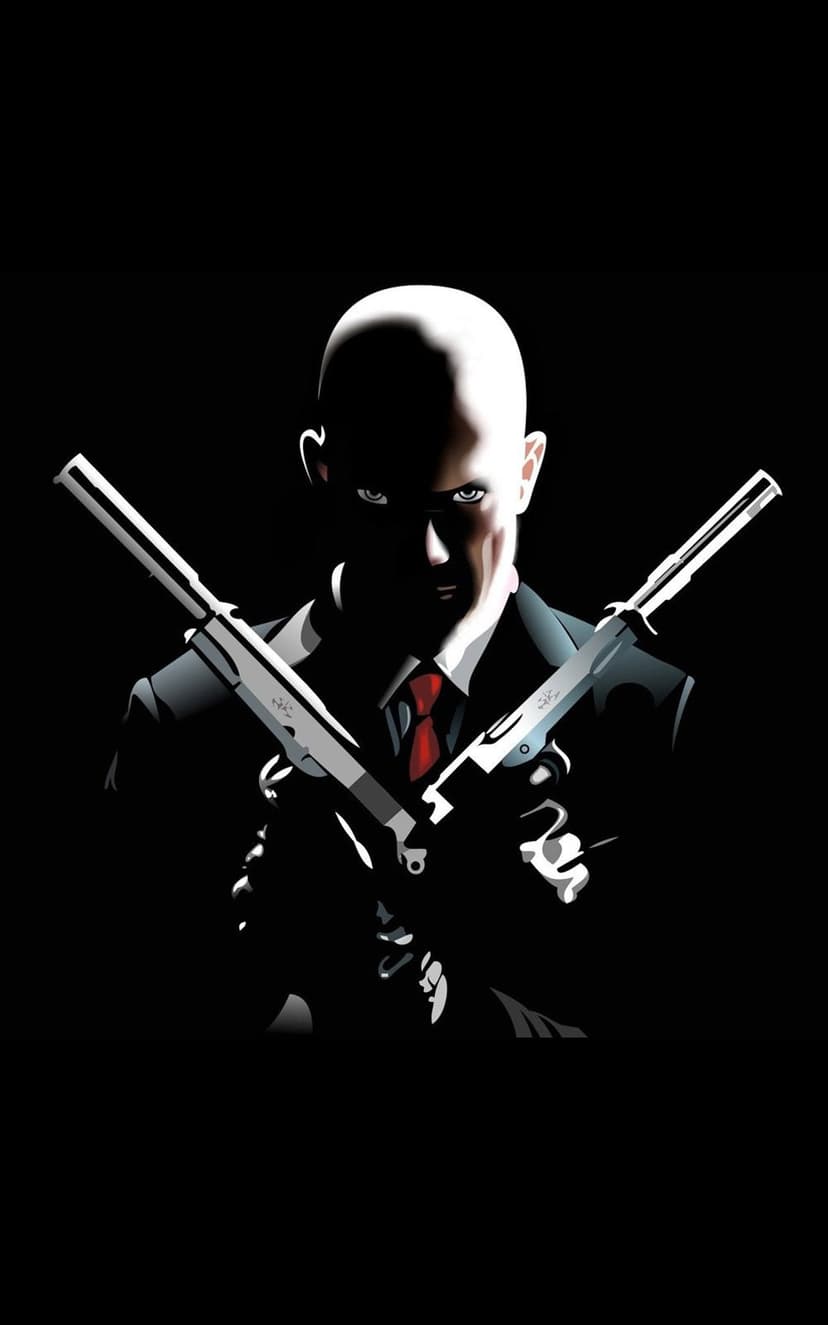 Agent 47 in a black suit holds two silver pistols crossed over his chest against a pitch black background.