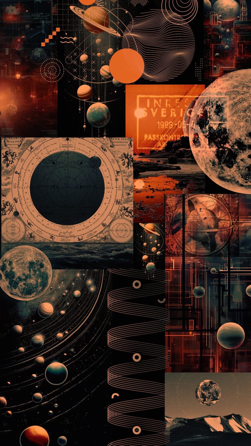 Layered planetary spheres, golden orbital rings, and vintage star charts arranged in a vertical cosmic collage.