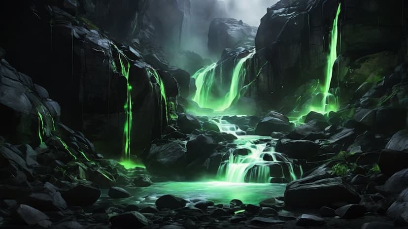 Glowing green waterfall cascading down a dark rocky ravine filled with thick white mist and deep shadows.