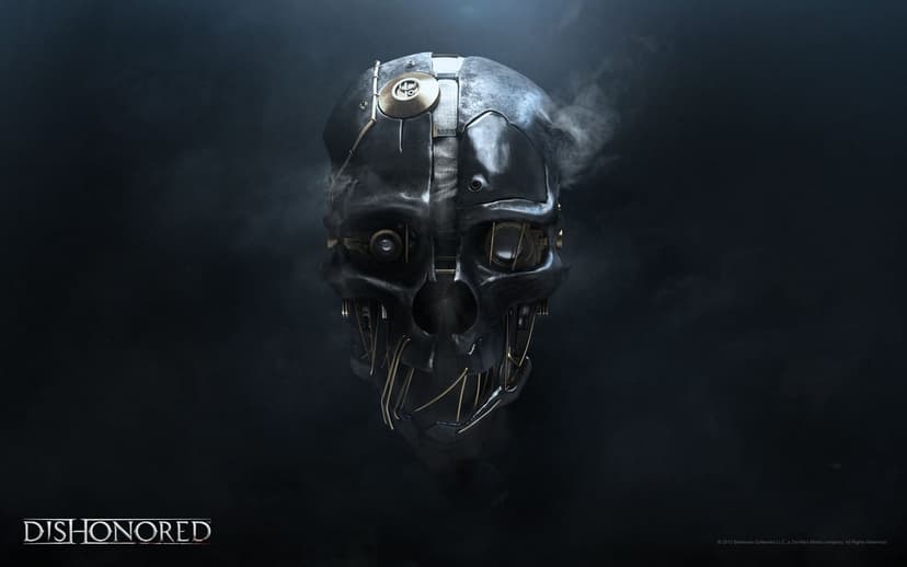 Mechanical skull mask with brass gears and wires against a dark smoky background in a cinematic style.