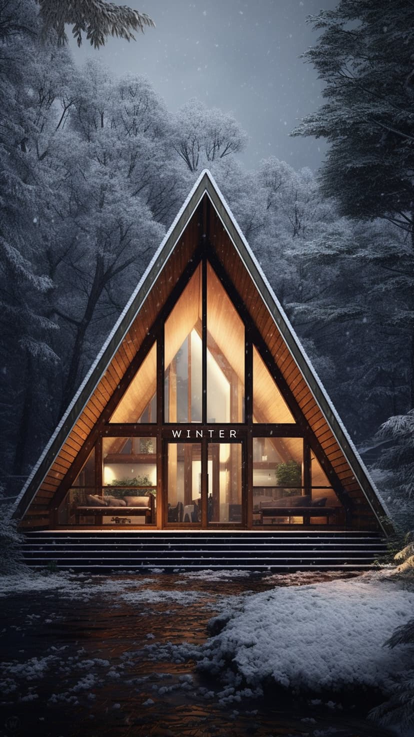 A-frame cabin with glowing windows nestled in a snowy pine forest during a peaceful winter twilight evening.