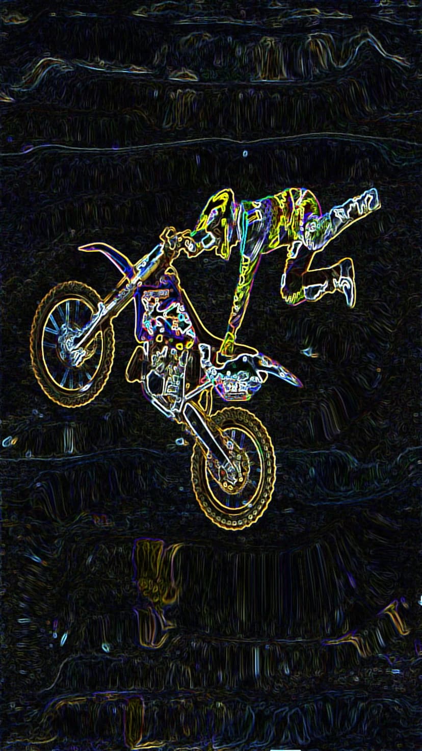 Motocross rider performing an upside-down backflip with neon light outlines against a dark textured background.