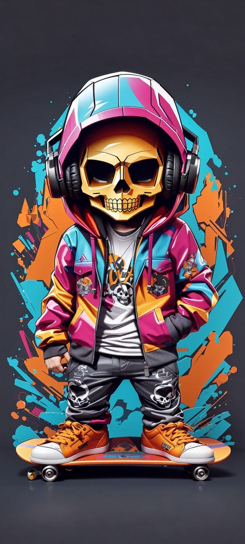 Skeleton skater in a hoodie and sneakers stands on a skateboard before a wall of vibrant urban graffiti art.