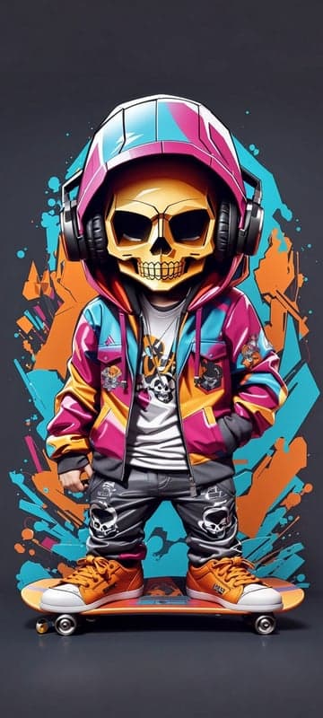 Cool Skeleton Skater in Headphones with Graffiti Art