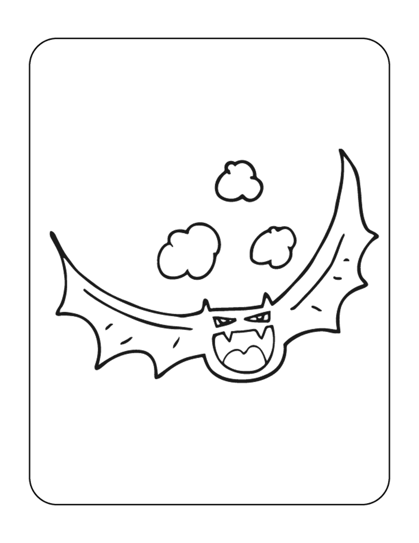 Bat coloring page illustration featuring a black and white line art bat with wide wings and circular clouds.