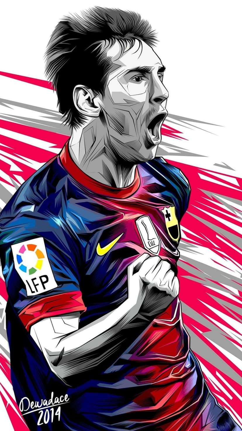 Lionel Messi wears a striped Barcelona jersey while celebrating with raised arms in a vibrant color palette.