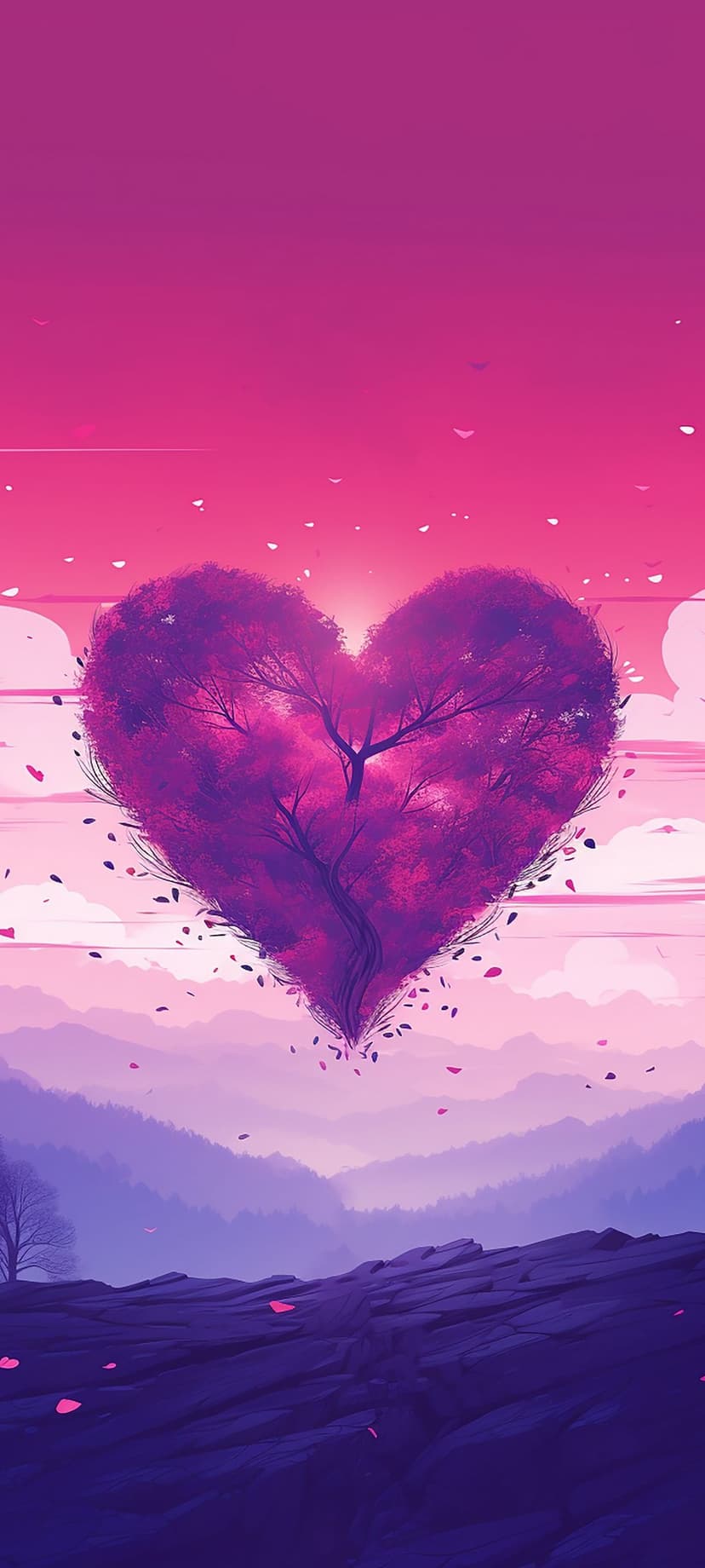 Heart-shaped tree with purple leaves floats over blue misty mountains under a pink and violet gradient sky.
