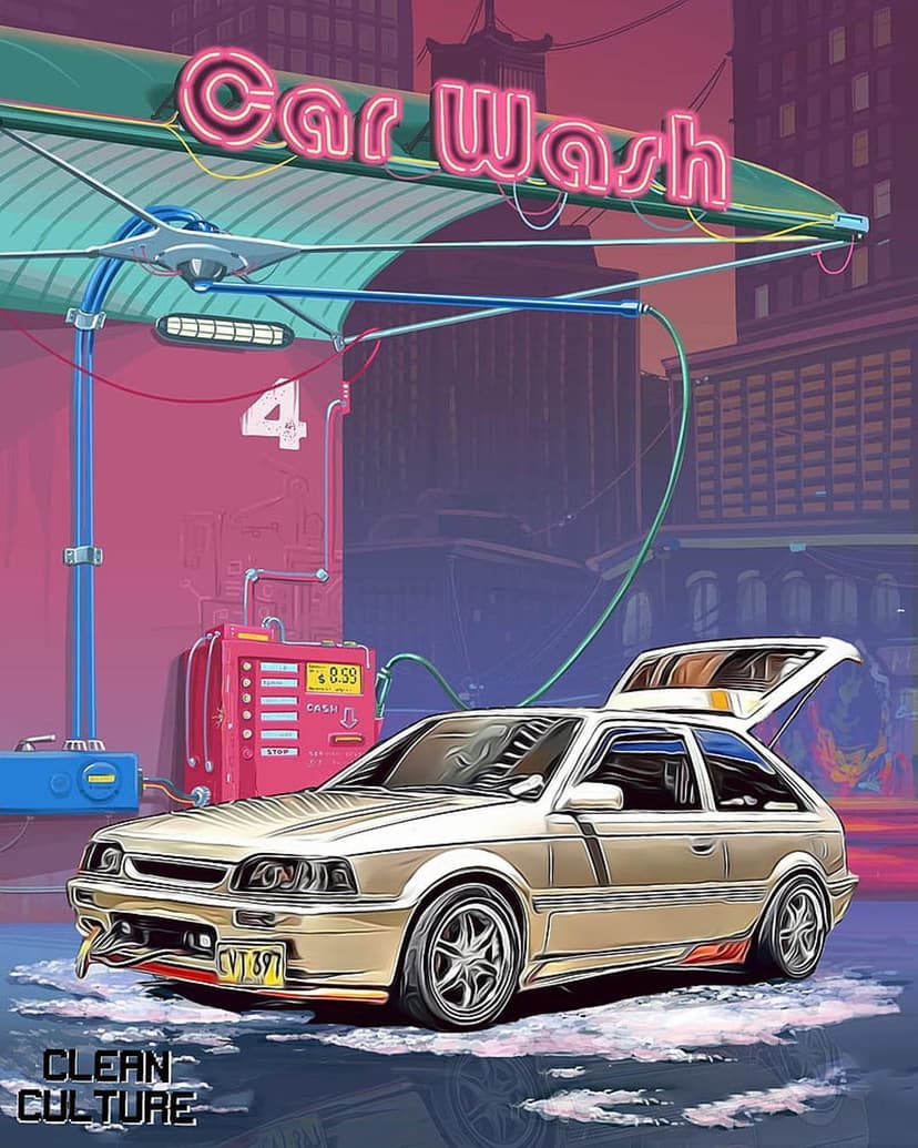 Classic coupe rests under a pink neon car wash sign at night with stylized city buildings in the distance.