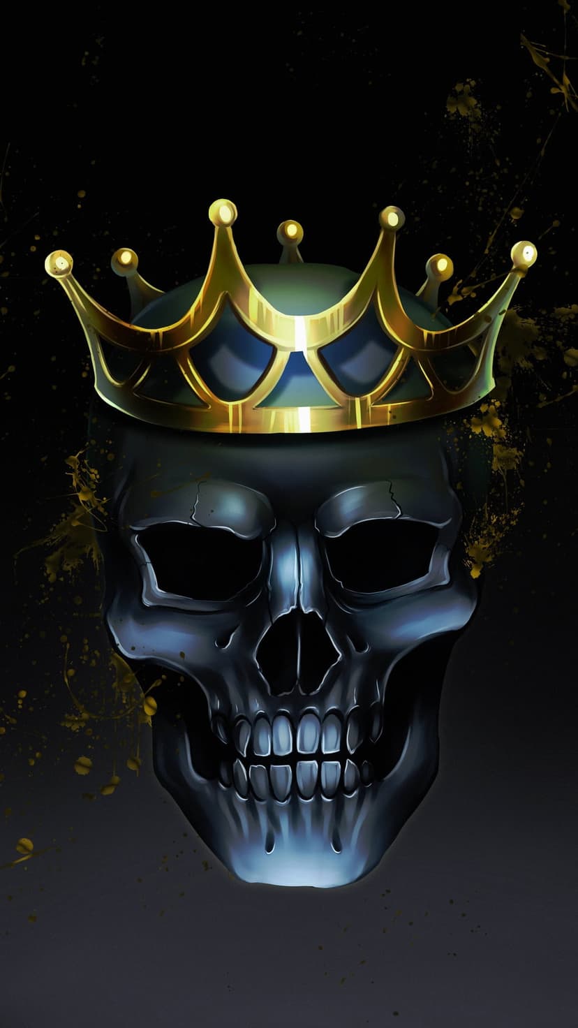 Metallic skull wearing a detailed golden crown with gold paint splatters on a solid black background.