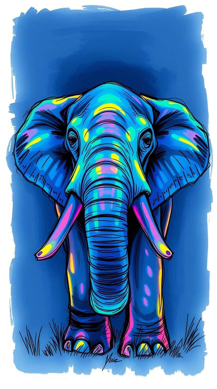 Neon elephant with electric blue and pink highlights stands against a dark navy textured brushstroke backdrop.