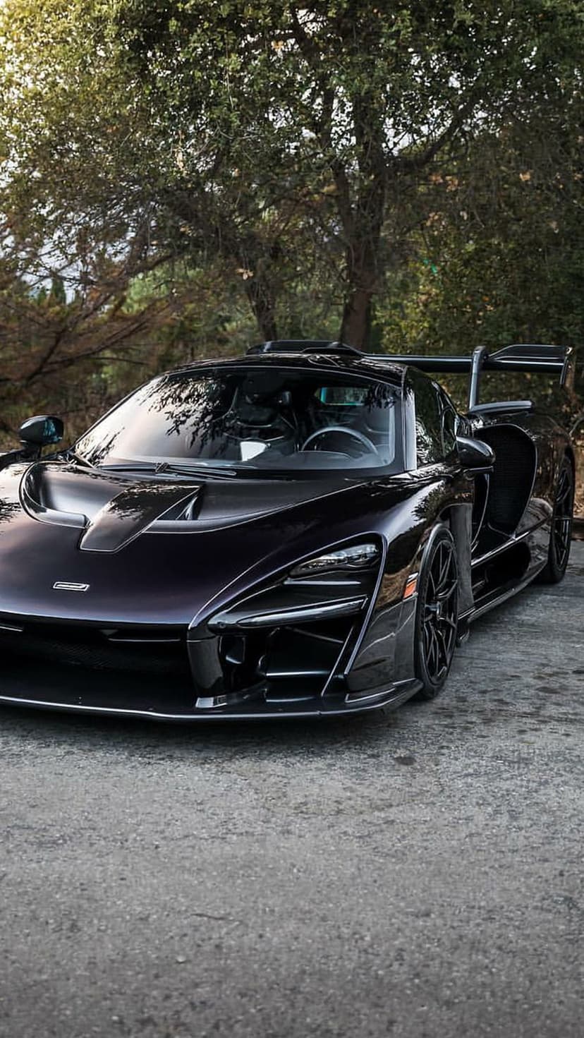 Black McLaren Senna supercar parked on asphalt with lush green trees lining the background in a low-angle view.