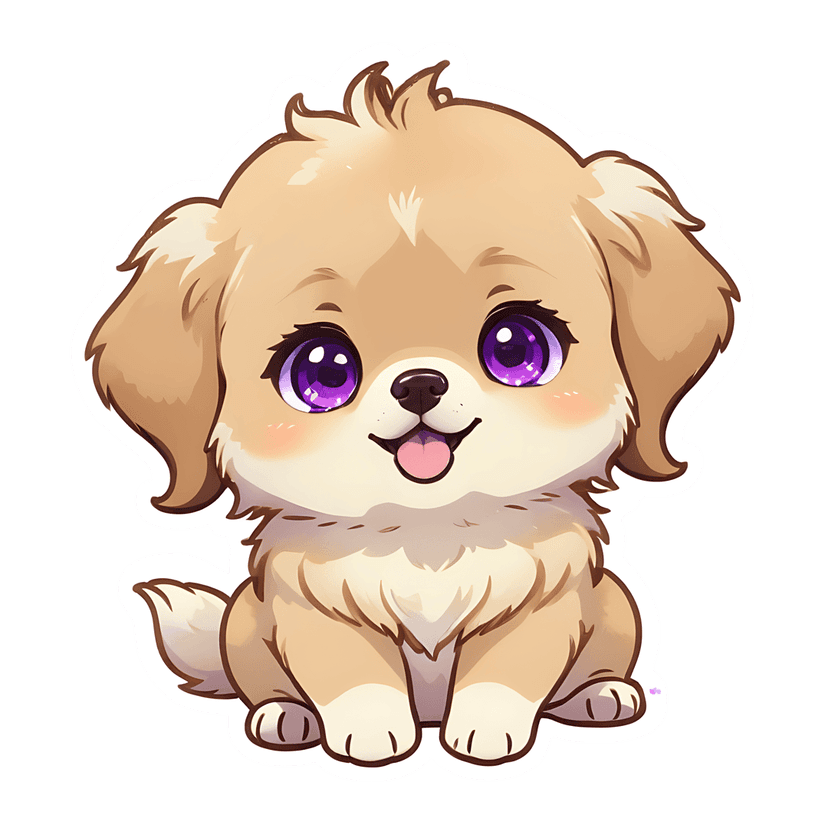 Light brown puppy sticker with large purple eyes, a white die-cut border, and a fluffy fur texture front view.