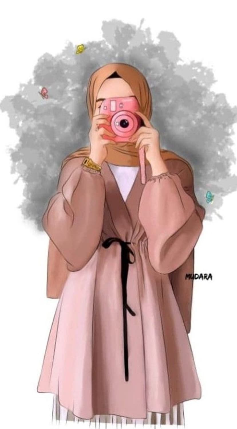 Young woman in a brown hijab and pink dress holds a camera while butterflies fly against a grey background.