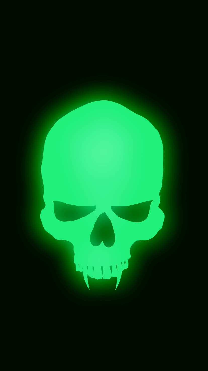 Luminescent neon green skull silhouette with a soft radiant glow centered on a deep black background.