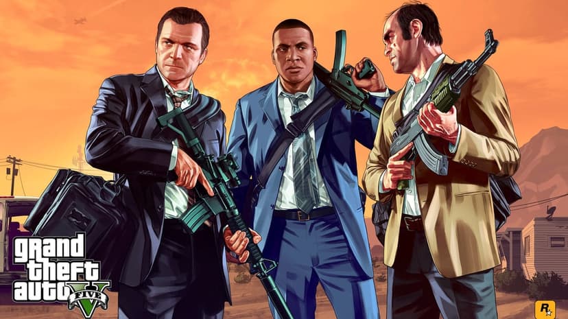 Three men in suits holding rifles against a bright orange desert sunset in a cinematic gaming scene.