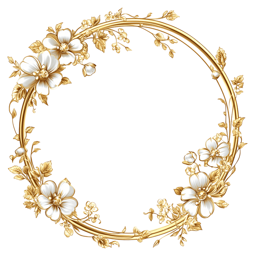Golden circular floral frame features detailed metallic petals and vine patterns over a transparent background.