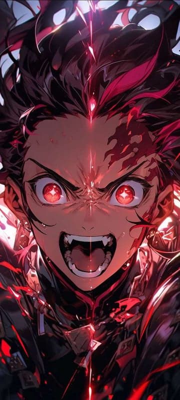 Fiery Anime Character with Glowing Red Eyes and Sharp Teeth