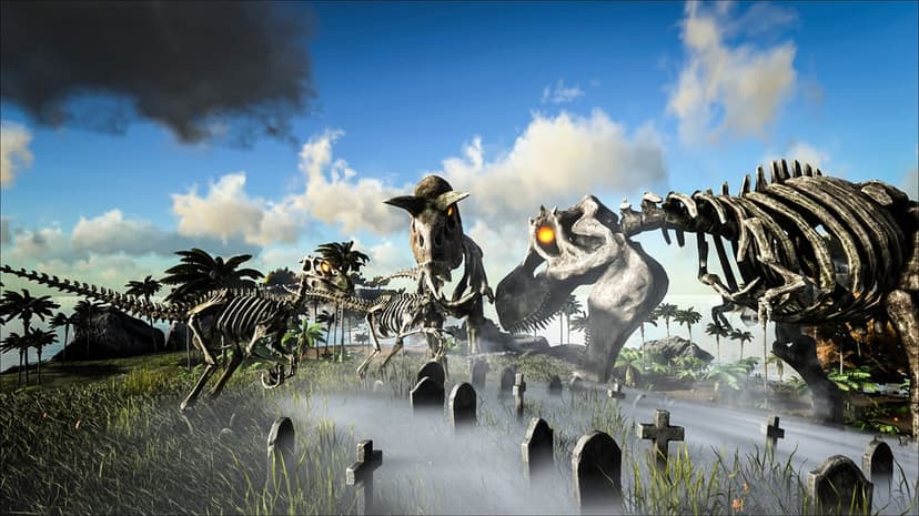 Skeletal dinosaurs with glowing orange eyes standing in a foggy cemetery near a tropical beach under a blue sky.