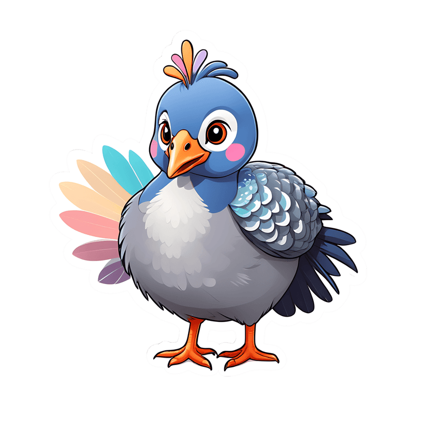 Blue bird sticker graphic with gray feathers, an orange beak, and a colorful crest stands in a front pose.