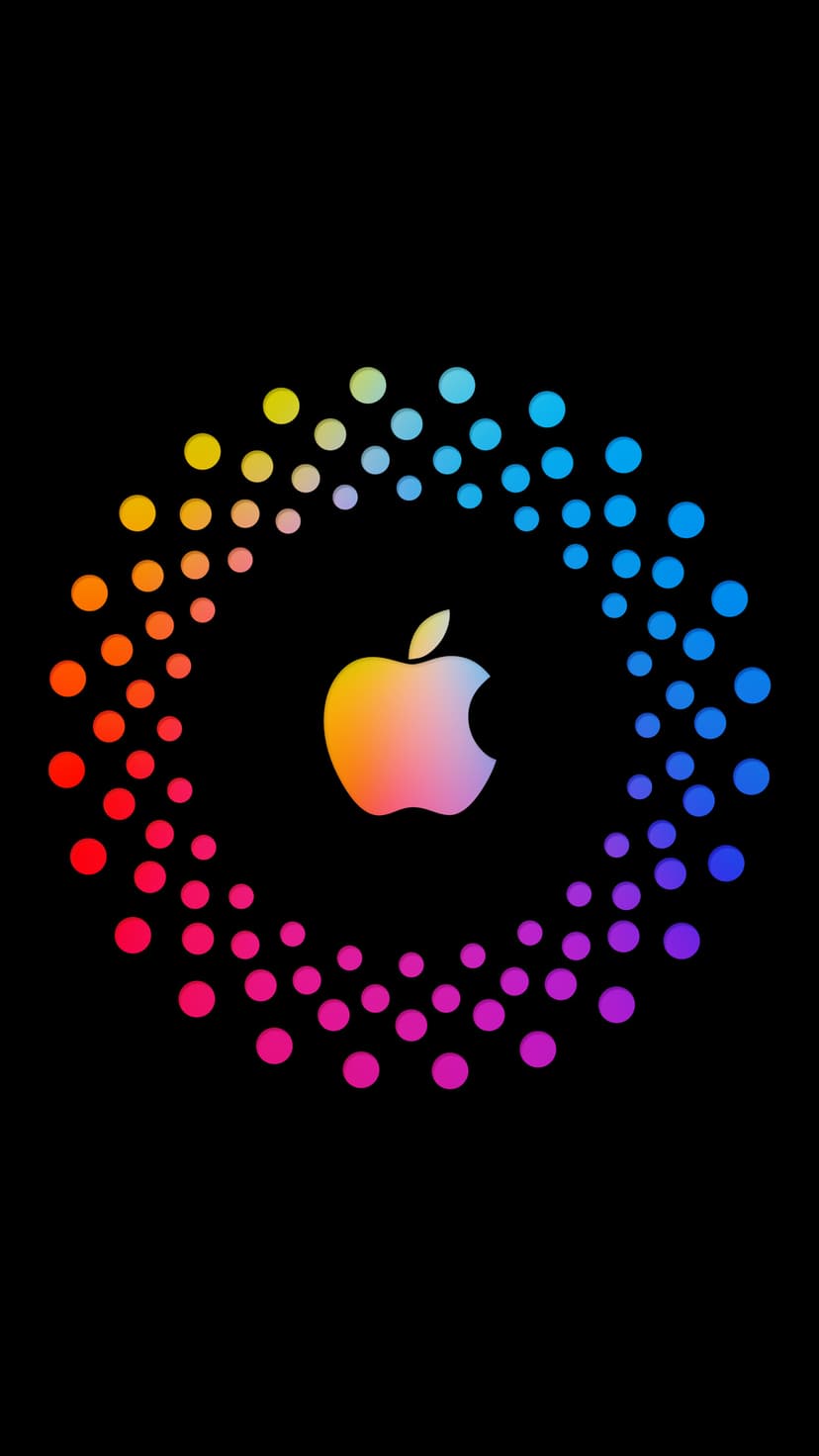 Apple logo with iridescent gradient glow surrounded by a ring of multicolored dots on a solid black background.