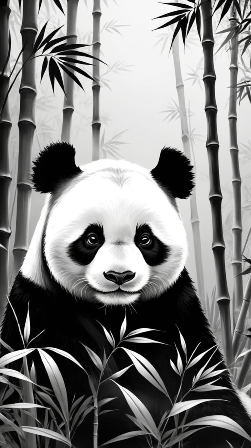 Giant panda with expressive eyes sits among vertical bamboo stalks and leaves in a high-contrast ink drawing.