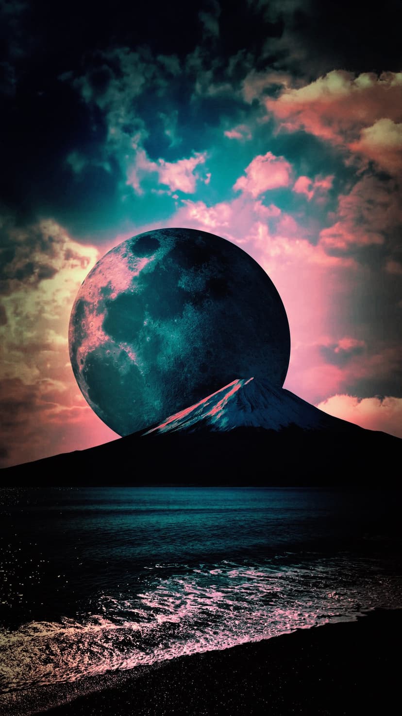 Large teal moon rising behind a dark mountain peak over a black sand beach with reflecting pink twilight clouds.
