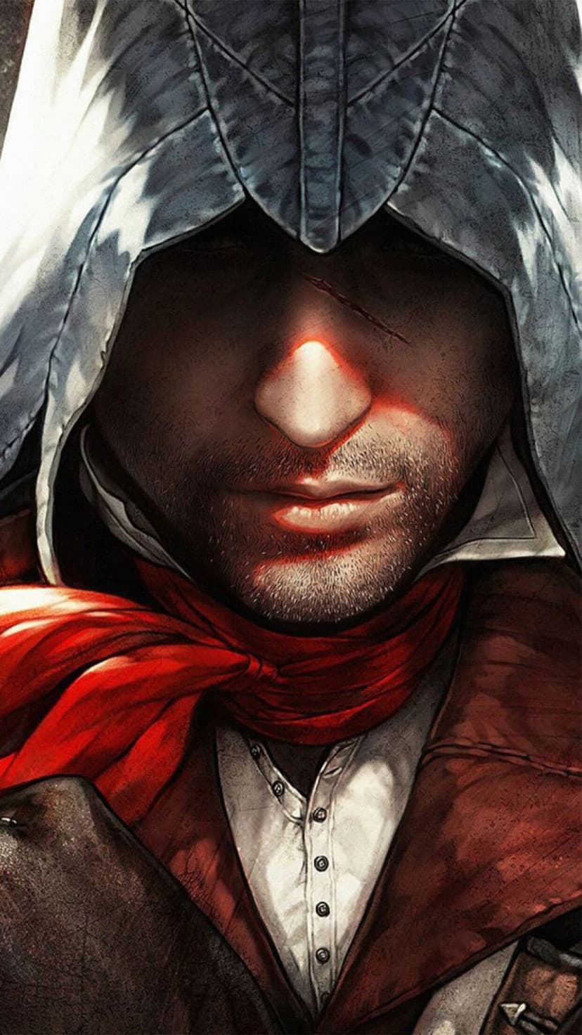 Close-up of a hooded man with a red scarf and facial scar in shadow for mobile phone background.
