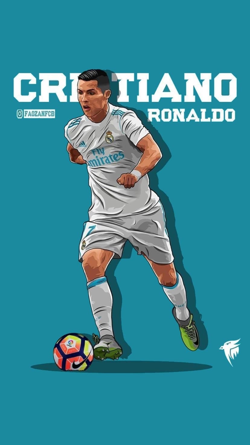 Cristiano Ronaldo in a white kit dribbles a colorful soccer ball against a solid turquoise background with text.