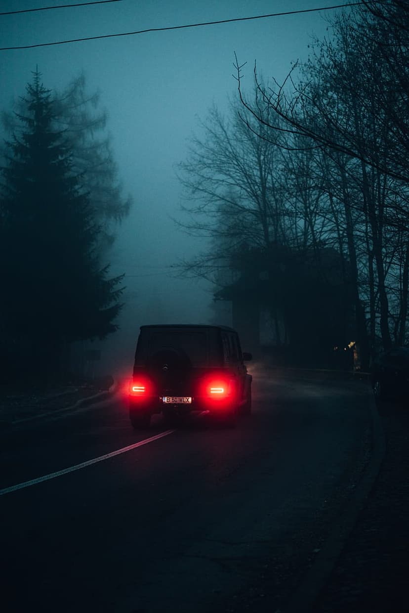 Red car tail lights shine through thick mist on a dark rural road lined with silhouetted trees at night.