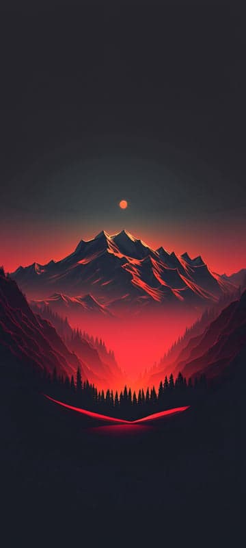 Vibrant red sunset over silhouetted mountain range and forest