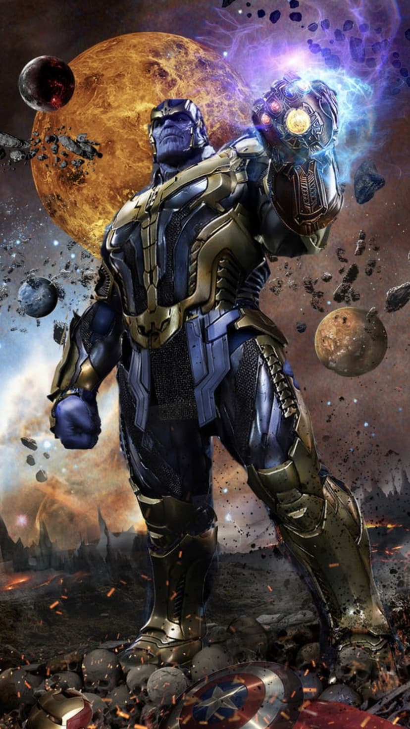 Thanos raises the glowing Infinity Gauntlet amidst floating space debris and a fiery celestial nebula.