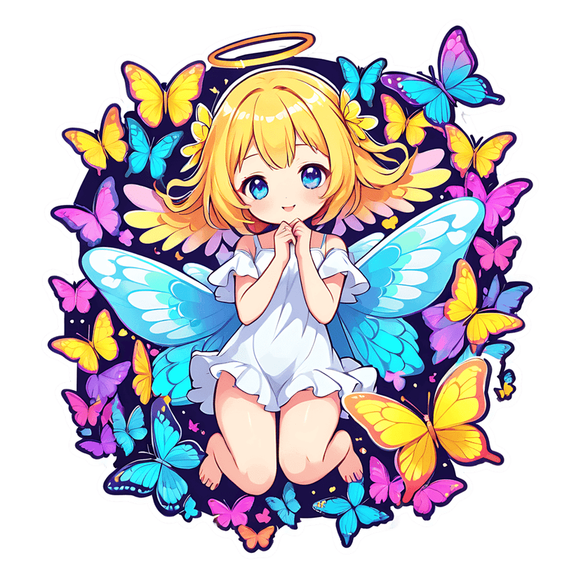 Chibi angel fairy sticker kneels with praying hands surrounded by colorful butterflies on an indigo background.