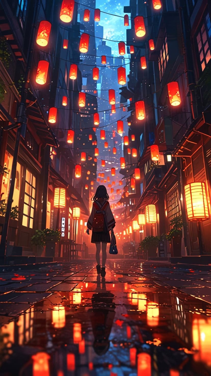 Young woman walks down a wet alley lined with glowing red lanterns reflecting off the dark pavement.
