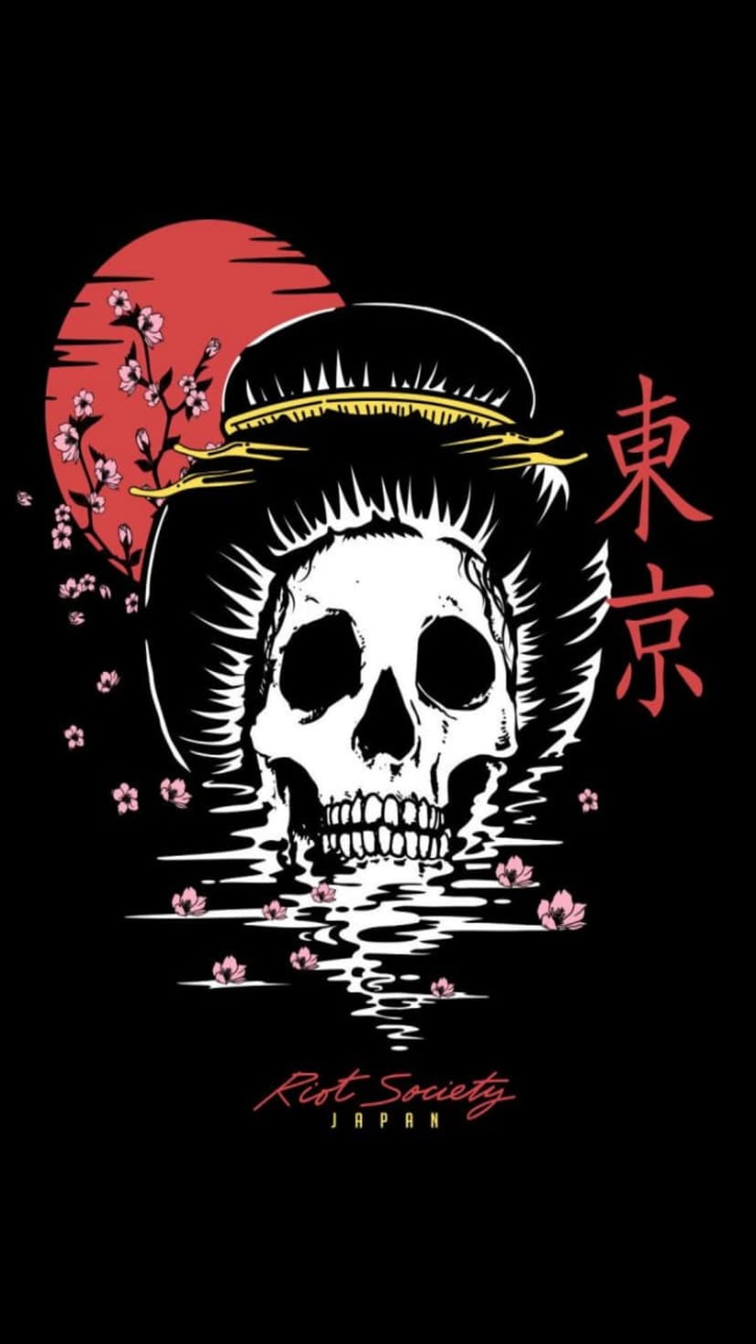 Geisha skull with cherry blossoms and red sun background featuring Tokyo kanji and water ripple patterns.