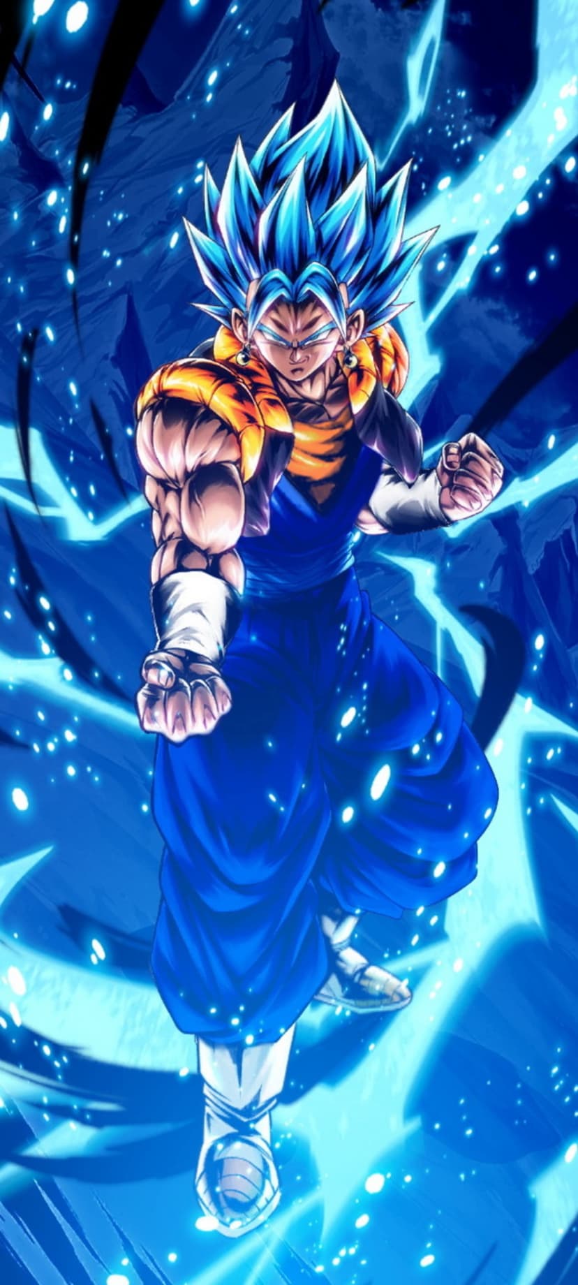 Gogeta in Super Saiyan Blue form stands amidst swirling cyan energy sparks and a glowing sapphire aura.