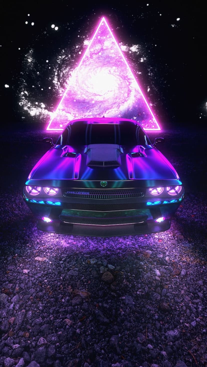 Cyberpunk sports car parked on rocks beneath a glowing pink triangle and a purple swirling galaxy background.