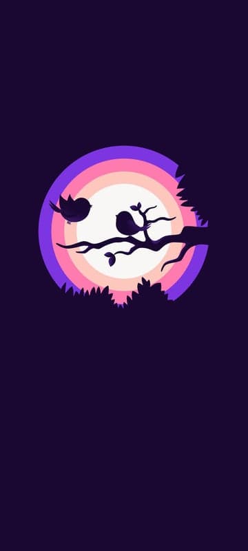 Silhouette Birds on Branch Against Rainbow Circle