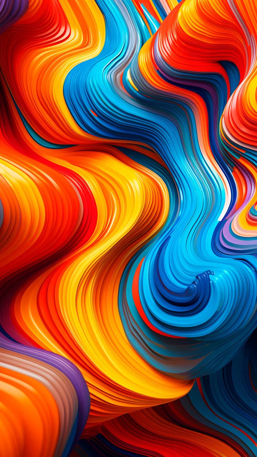 Curving bands of glowing orange, bright yellow, and deep blue flow together in a dense, multi-layered spiral.