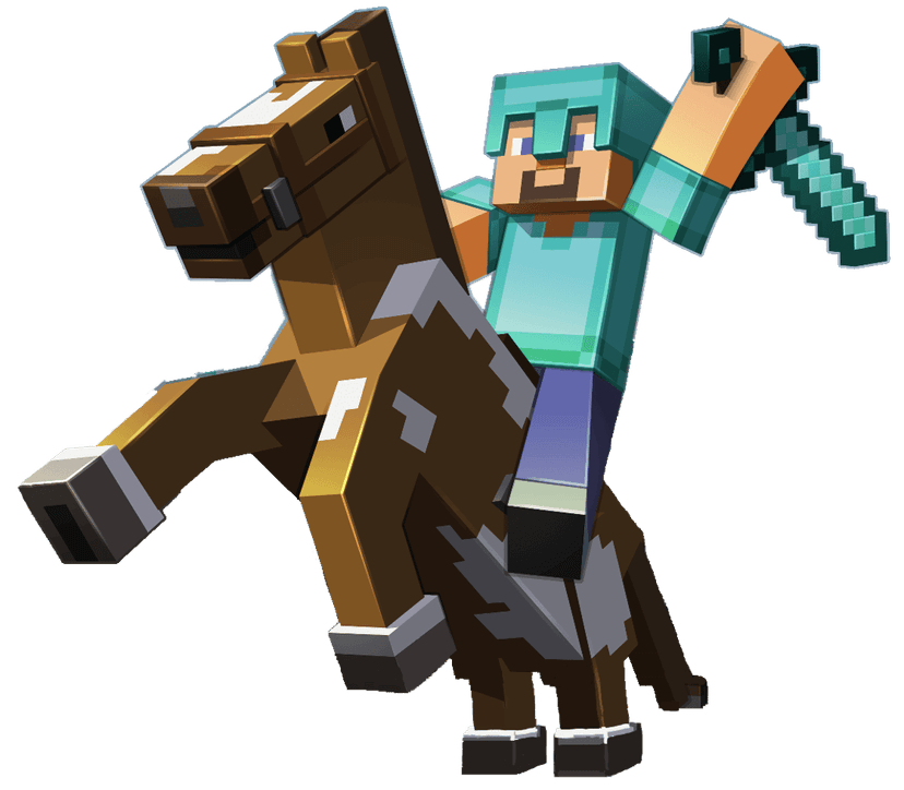 Minecraft character illustration featuring a blocky humanoid figure standing beside a pixelated brown horse.